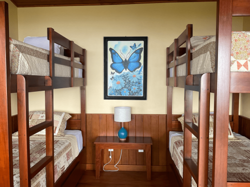 Comfortable guest room with a cozy bed and nature-inspired interiors.